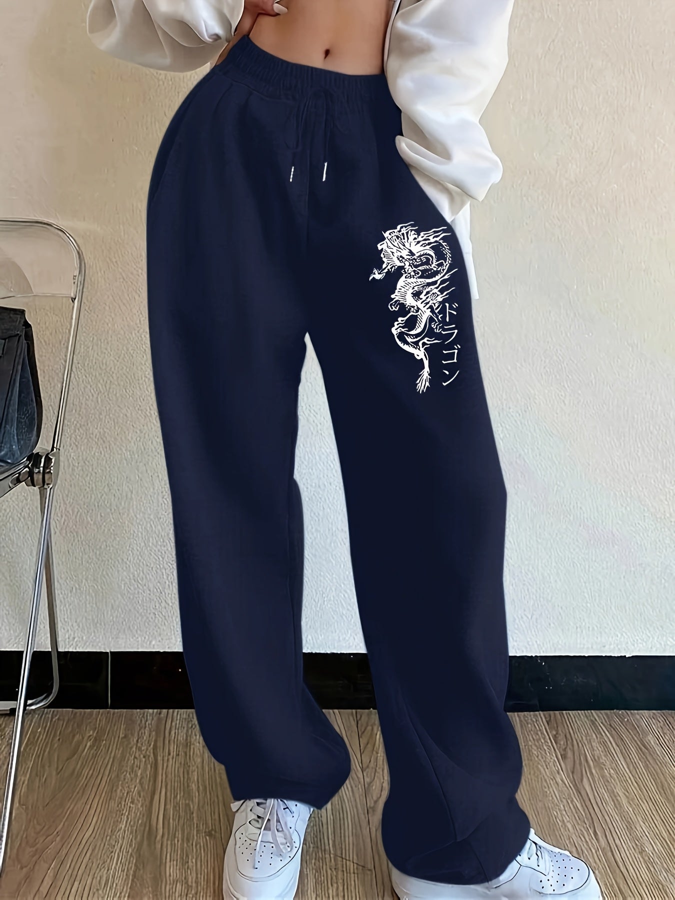 Trendy Women'S Floral Print Joggers - Navy Blue Casual Long Pants with Pockets, Elastic Waistband, All-Season Comfort, Casual Wear|Floral Print Joggers|Elastic Waistband, Jogger Pant